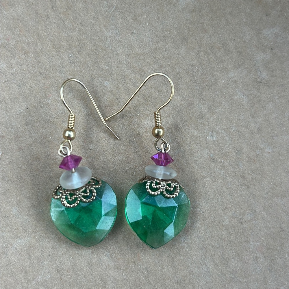 Green and Purple Heart Earrings